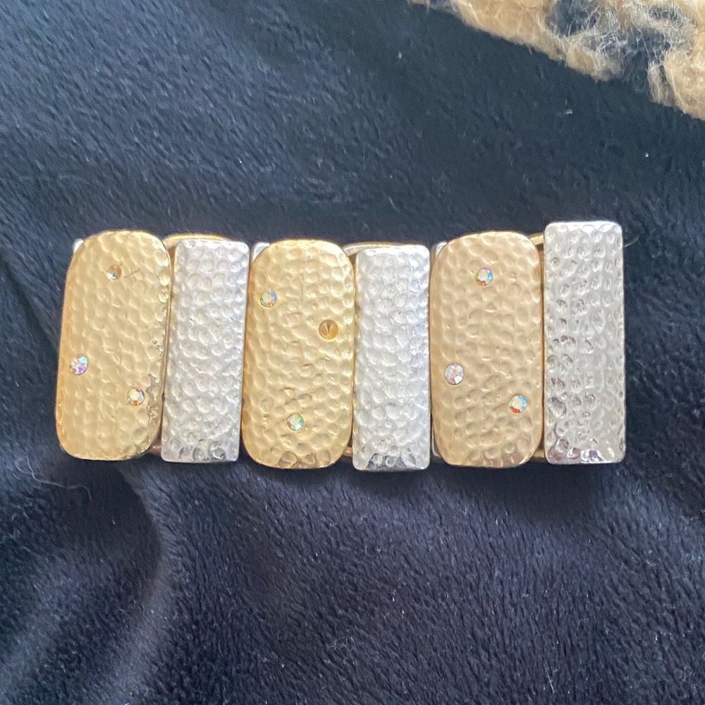 Source Unknown Gold and Silver Brooch vintage.  Stretch bracelet.